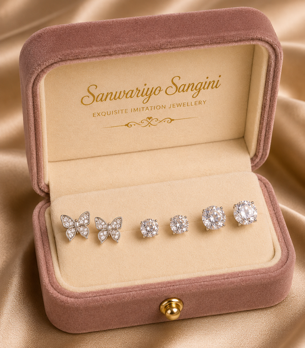 Crystal Butterfly & Solitaire Stud Set