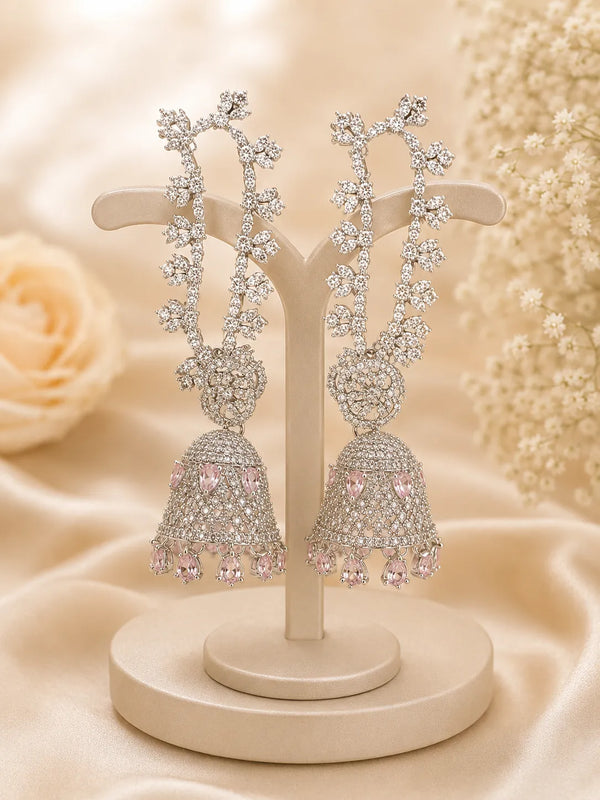 Maharani Pink Crystal Jhumki Earrings with Sparkling Pink Crystal Detailing by Sanwariyo Sangini