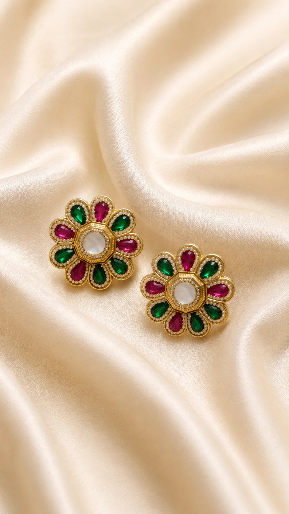 Maharani Ruby Emerald Floral Stud Earrings