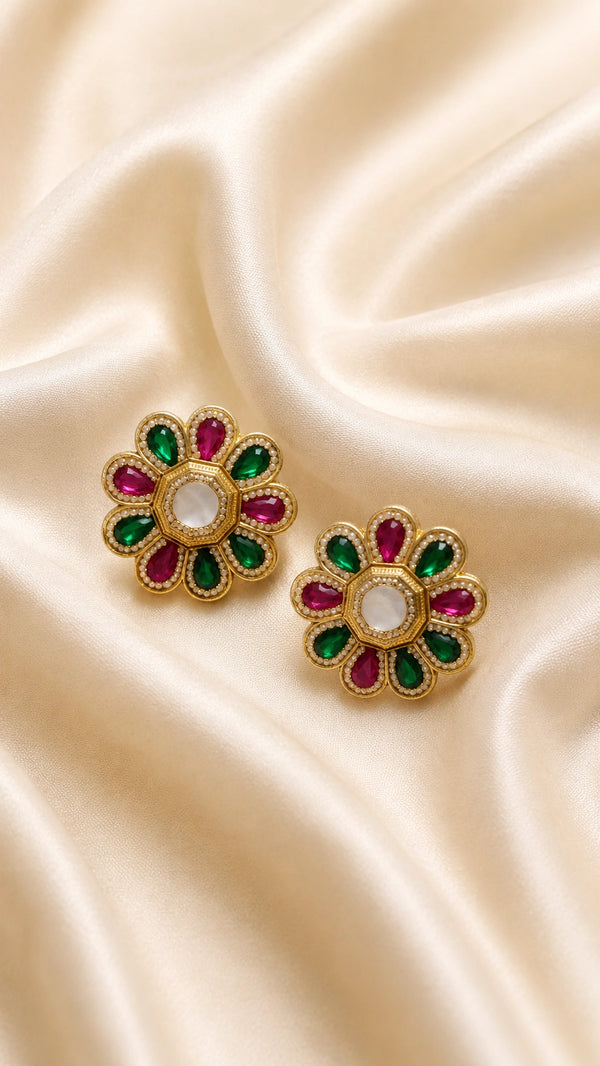 Maharani Ruby Emerald Floral Stud Earrings