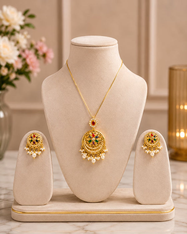 Royal Navratna Pearl Pendant Set