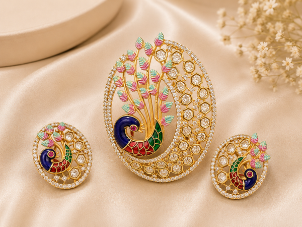Peacock Bloom Meenakari Pendant Set