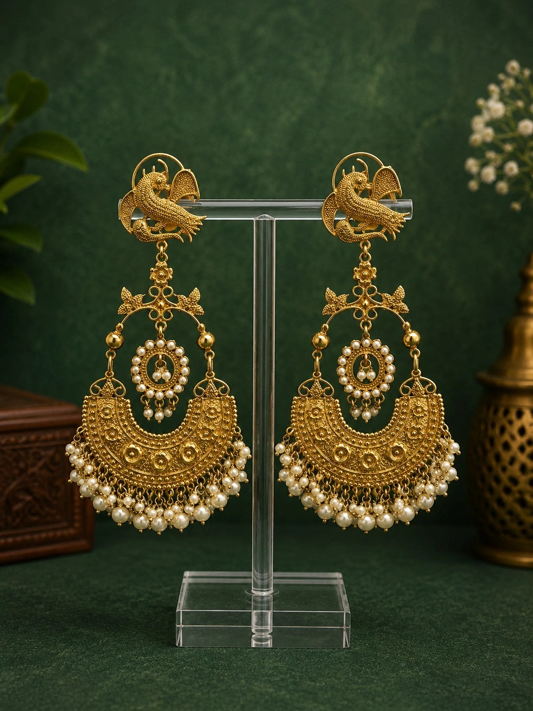 Rajsi Mayur Pearl Chandbali Earrings