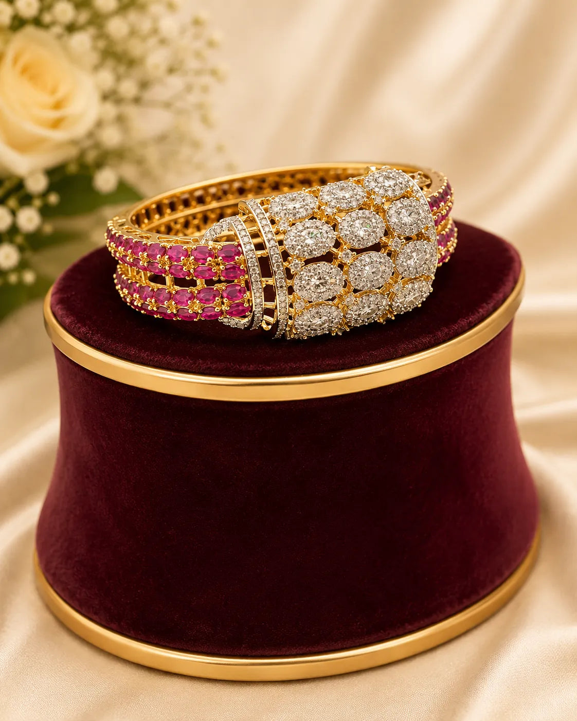 Luxury bracelet with gemstones on a red velvet stand with flowers in the background