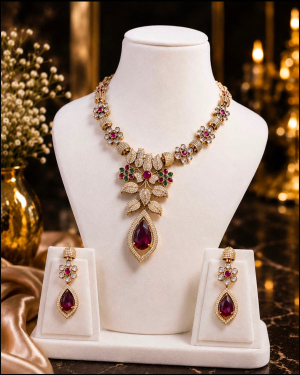 Floral Kundan Necklace Set with Amethyst Drop Pendant
