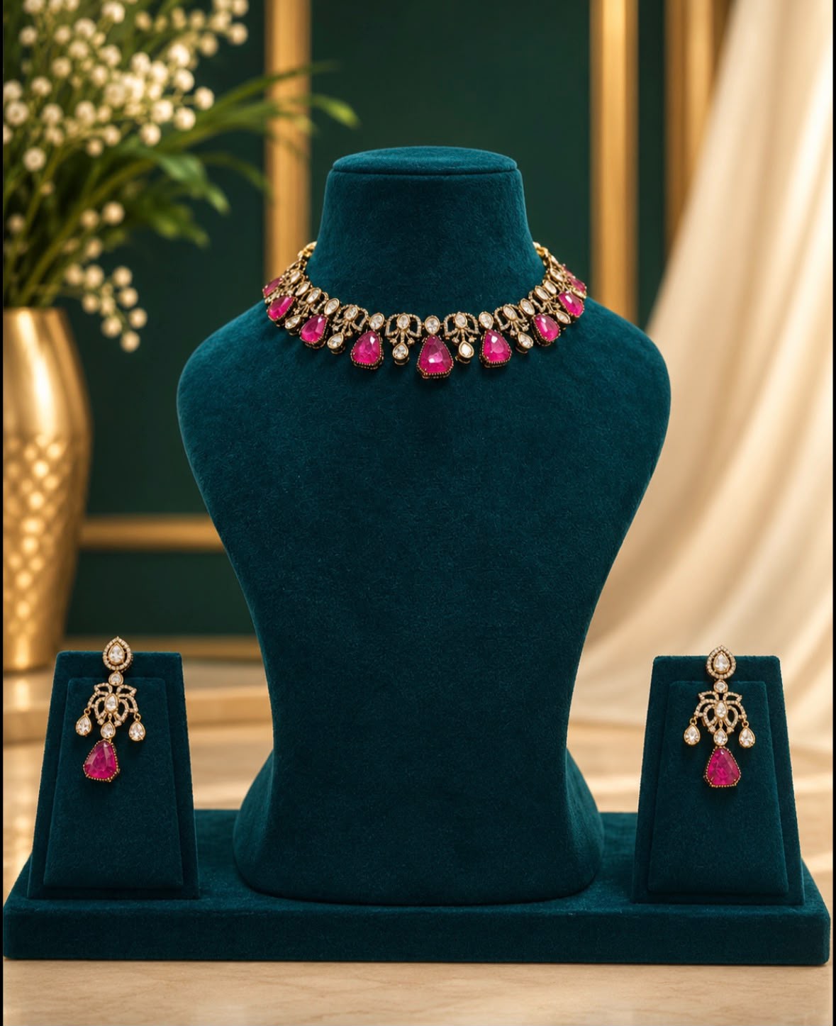 Ruby Drop Kundan Necklace Set with Chandelier Earrings