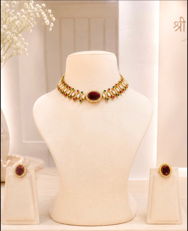 Antique Gold Choker Set with Maroon Stone & Pearl Accents