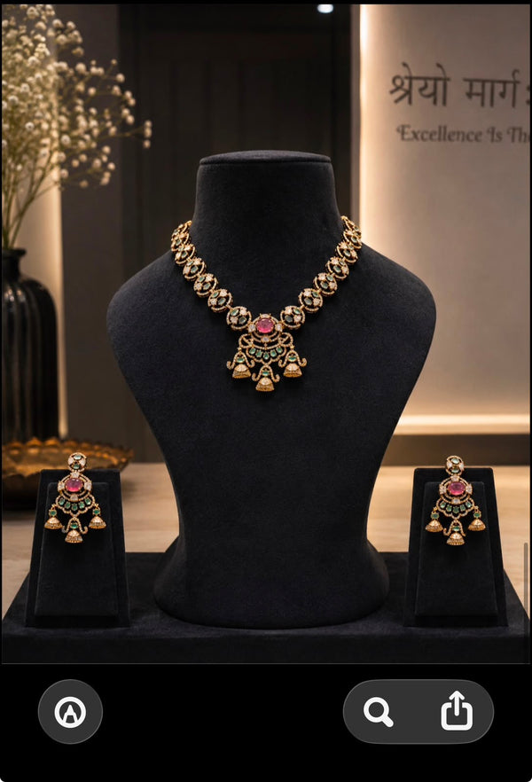 Antique Gold Necklace Set with Ruby Pendant & Jhumka Drops