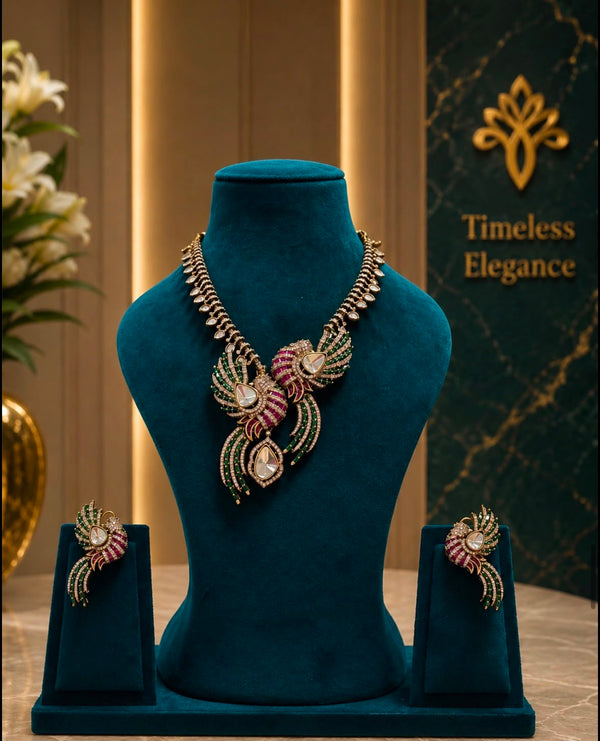 Emerald & Ruby Peacock Statement Necklace Set