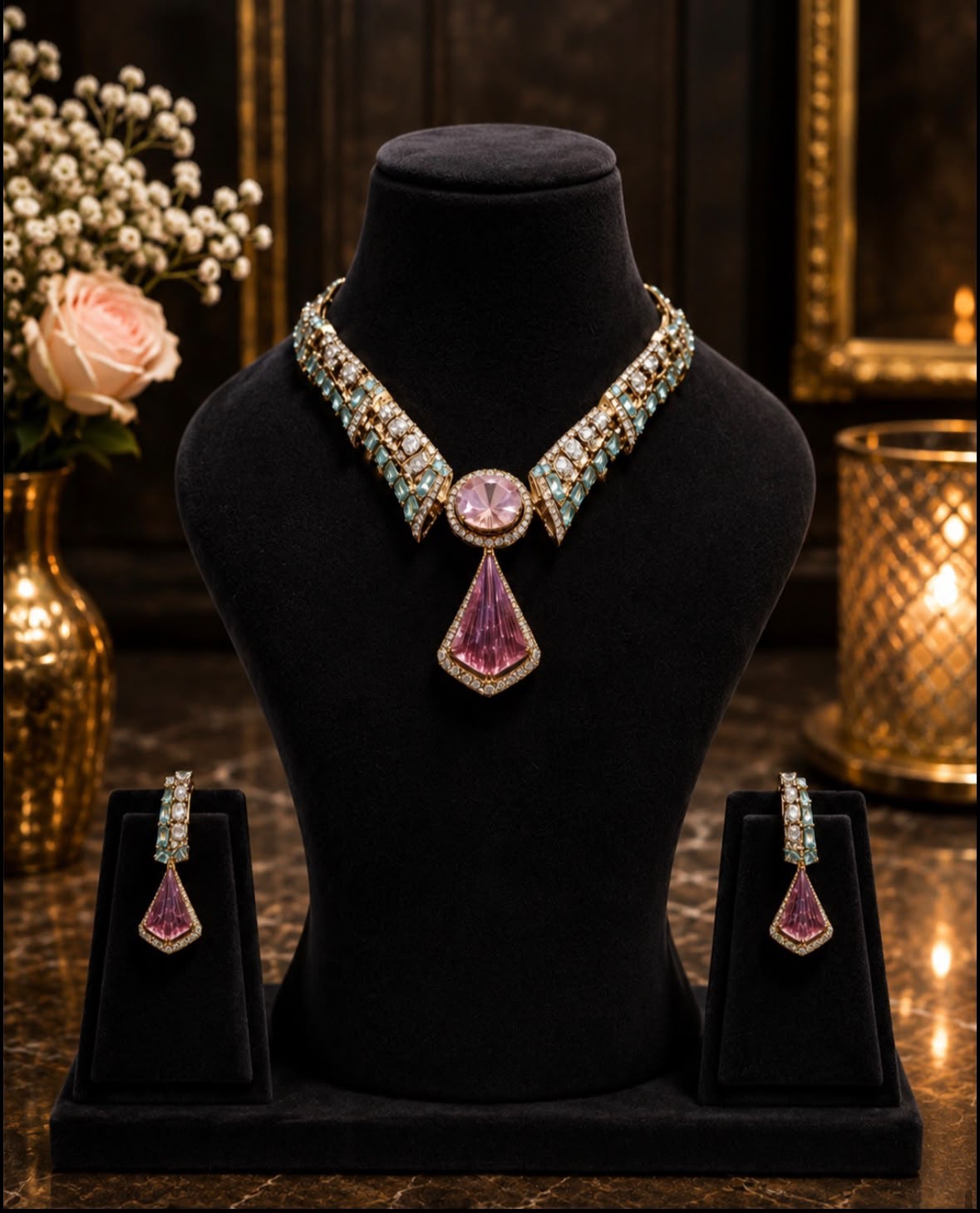 Elegant Pink & Green Statement Necklace Set